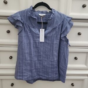 NWT Neuflora Linen Ruffle Sleeve Top L